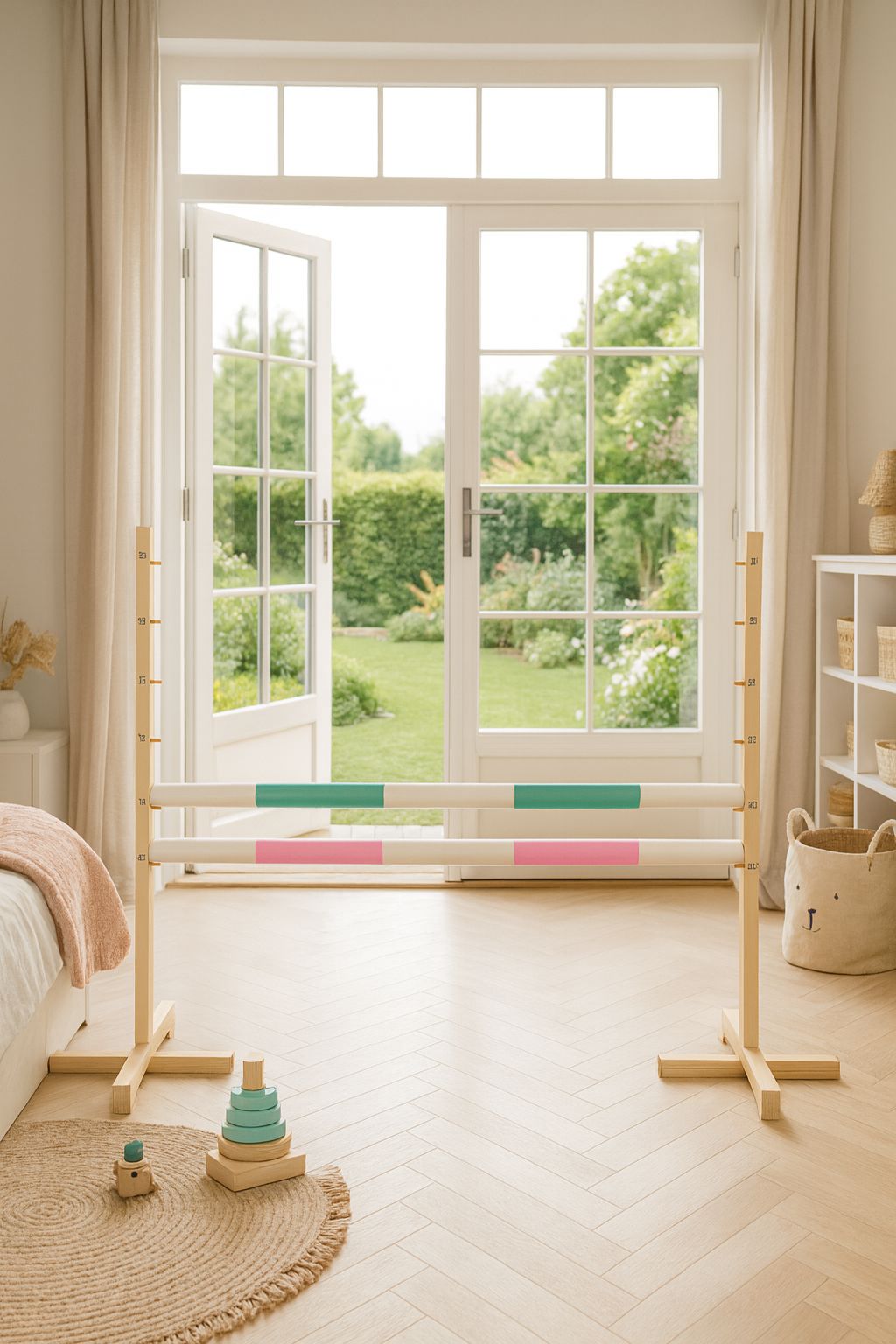 Springhindernis für Hobby-Pferd 120cm, mit zwei Stangen - Minz und helles Rosa – Bild 4