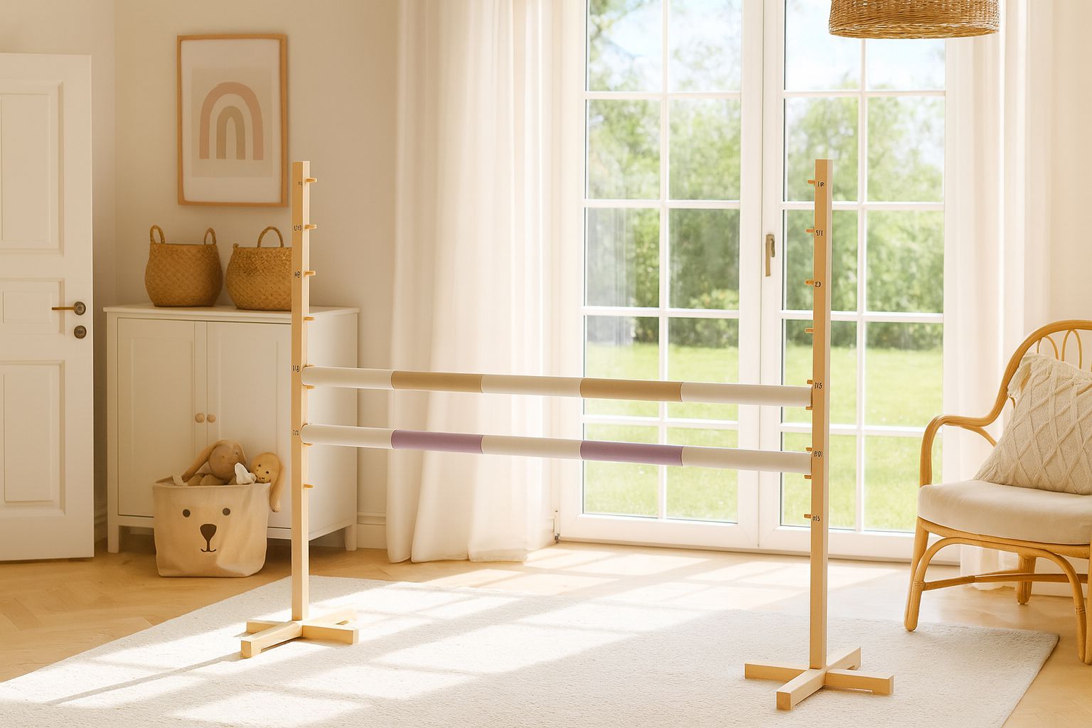 Springhindernis für Hobby-Pferd 120cm, mit zwei Stangen - Beige und helles Rosa – Bild 6